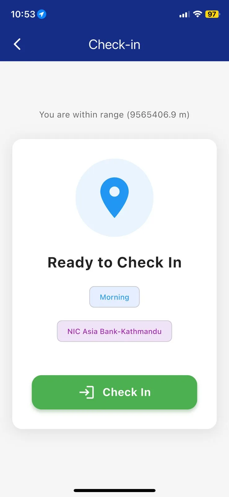 StrataMax Mobile App — GPS-verified attendance check-in screen